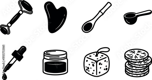 Line art minimalist beauty tool icon set showing jade roller gua sha dropper cream jar sponge cotton pads spoon spatula