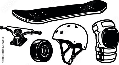 Line art overhead composition of skateboard deck truck wheel helmet knee pad set isolated on white background clean bold outline