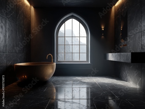 Dark stone bathroom with arched window. Golden bathtub sits beneath the window. Warm lights highlight textured walls and floor. Minimalist vanity contrasts with rich materials