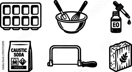 Line art vector soap making kit icons showing mixing bowl essential oil caustic soda soap mold cutter finished bar outline
