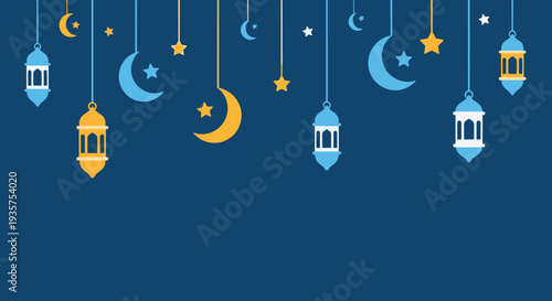 Ramadan Kareem Night Illustration with Mosque, Lanterns, Crescent Moon and Iftar Dates