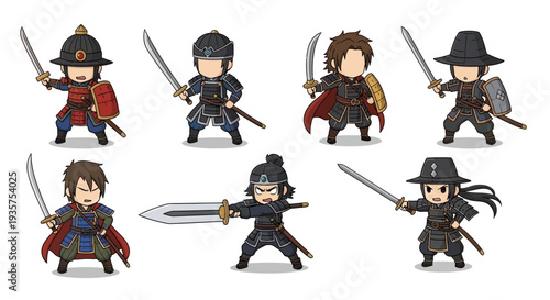A group of cartoon samurai warriors in various poses with swords and shields