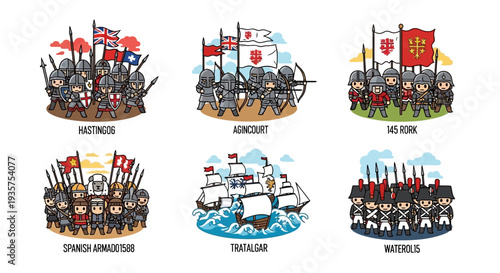 A cartoon illustration of historical military battles and events