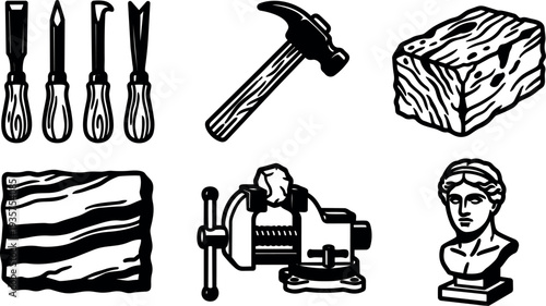 Traditional wood carving tools chisels hammer and vise with wooden blocks and classical bust close up overhead view studio lighting