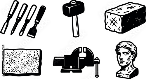 Line art close up of sculpting chisels mallet and stone block with vise sponge and classical bust on white background