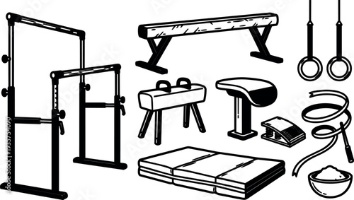 Line art gymnastics equipment set flat vector showing pommel horse rings balance beam mats and parallel bars angled close up