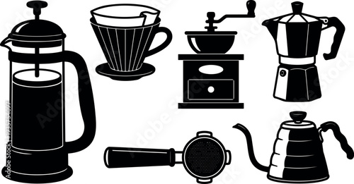 Flat design top view assorted coffee equipment icons including french press dripper grinder moka pot gooseneck kettle portafilter side silhouette