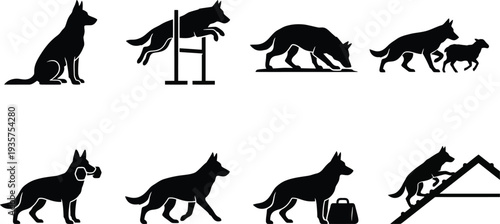 Collection of Black Silhouette Illustrations of German Shepherd Dogs in Various Actions