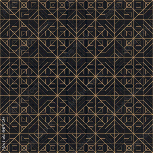Geometric Art Deco wallpaper black gold patterned. Golden lines on a black-colored background. Timeless and elegant design for textiles and home décor.