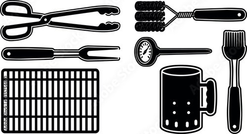 Flat design barbecue tool icon set with tongs fork grill grate basting brush thermometer mug overhead black silhouette vector collection