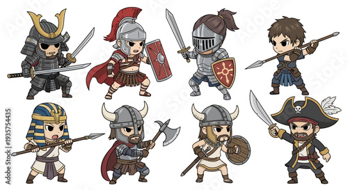 A group of cartoon warriors from different historical periods