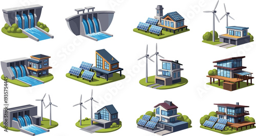 Renewable Energy Power Plants Collection with Solar Panels Wind Turbines and Hydroelectric Dam Cartoon Vector Green Energy Infrastructure Set