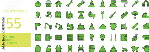 Collection of 55 green construction featuring tools, machinery, safety signs, and building