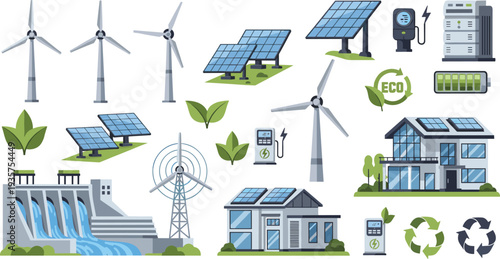 Renewable Energy Technology Icon Set with Wind Turbines Solar Panels Hydroelectric Dam Eco Power Station and Sustainable Green Energy Symbols