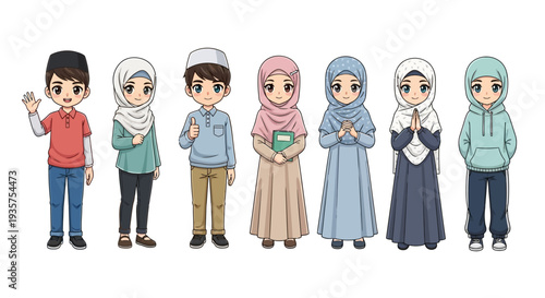 A diverse group of cartoon children wearing different cultural attire