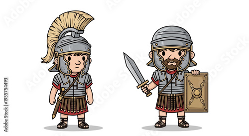 Two cartoon Roman soldiers in armor and helmets standing side by side