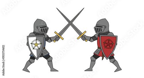 Two medieval knights in armor fighting with swords and shields