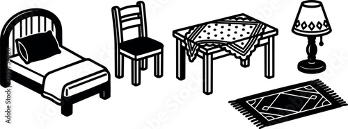 Line art bedroom furniture set showing single bed chair table with cloth lamp and patterned rug in simple perspective monochrome
