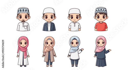 A diverse group of cartoon Muslim people smiling and standing together