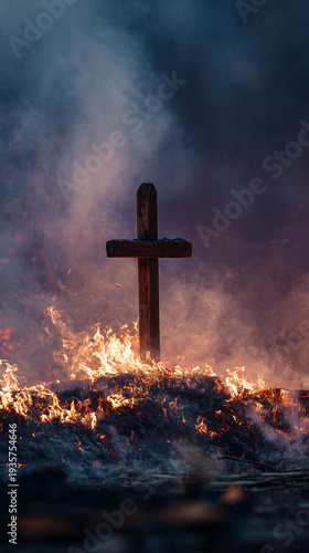 Wooden cross standing amid blazing flames and rising smoke in a dark dramatic scene, symbolizing faith, sacrifice, spiritual struggle, and powerful religious imagery