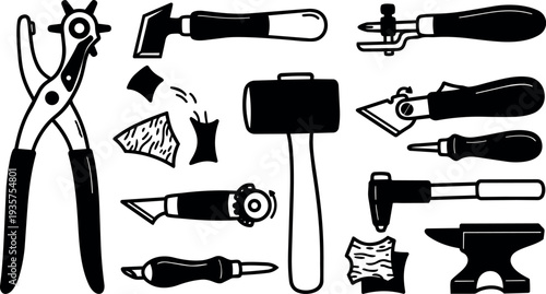 Hand tool set for leather crafting close up vector art showing hole punch mallet awl skiving knife anvil workspace equipment