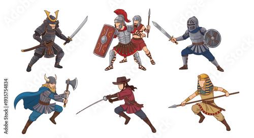 Set of Chibi Historical Warriors Including Samurai Archer Knight and Viking