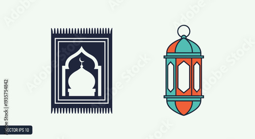 Icon Set Ramadan Kareem Night Illustration with Mosque, Lanterns, Crescent Moon and Iftar Dates
