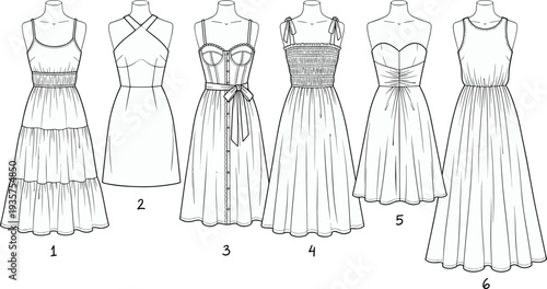 Women’s dresses fashion illustration vector garment construction design graphics, couture pattern concept, black and white creative art collection