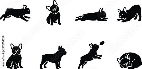 Dynamic silhouette illustrations of playful French bulldogs in various poses and activities