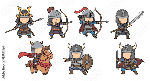Set of Chibi Medieval Warriors and Samurai Featuring Archers Knights and Viking on Horseback