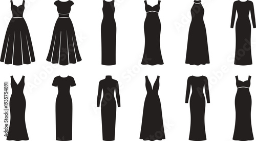 Women’s dresses fashion silhouettes illustration vector clothing styles design graphics, apparel comparison concept, black and white creative art collection