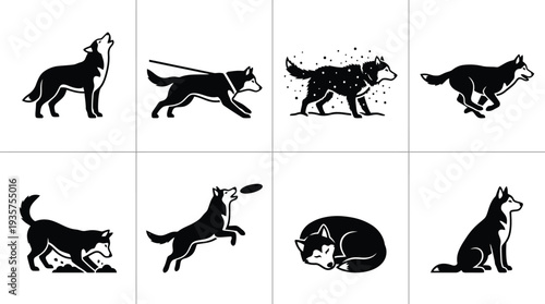 Vector illustrations of various dog poses and actions in a playful black silhouette style