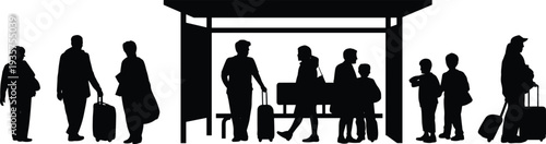 Airport passengers silhouette at terminal bus stop with luggage, travelers waiting with suitcases under shelter isolated on white background