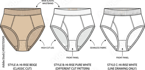 Women’s hi-rise underwear technical illustration vector lingerie fashion design graphics, garment pattern concept, black and white creative art collection