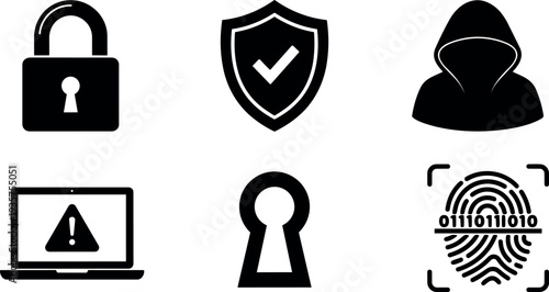 Flat design security icon set showing padlock shield hooded hacker laptop warning keyhole and biometric fingerprint with binary code vector