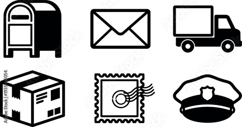 Flat design close up postal icons set mailbox envelope delivery truck package stamp mail carrier cap on white background vector