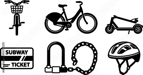 Flat design front view bicycle and cargo basket with city bike electric scooter helmet lock and subway ticket transport icons