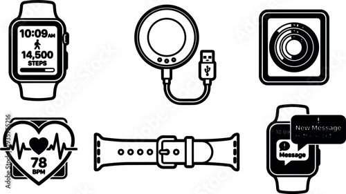 Line art smartwatch icon set showing watch steps heart rate charger camera module strap and message notification close up digital