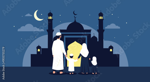 Ramadan Kareem Night Illustration with Mosque, Lanterns, Crescent Moon and Iftar Dates