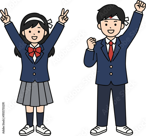 Two students in blue uniforms raising hands with peace signs
