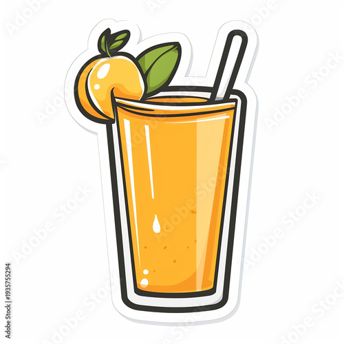A cartoon illustration of a refreshing orange juice with a straw and an orange slice