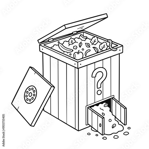 Compost Bin Line Art Illustration for Coloring Book and Education