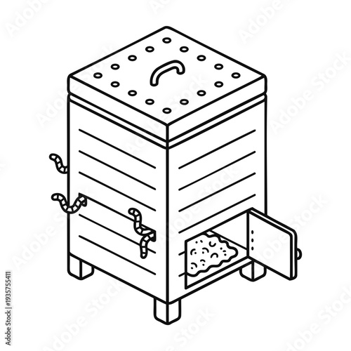 Isometric Worm Compost Bin Line Art Icon for Organic Gardening