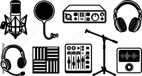 Flat design studio microphone and headphones mixer audio interface pop filter mic stand recording icons set black and white minimal