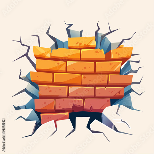 Dynamic cartoon illustration of a sturdy brick wall forcefully emerging from a fractured surface, symbolizing breakthrough and impact