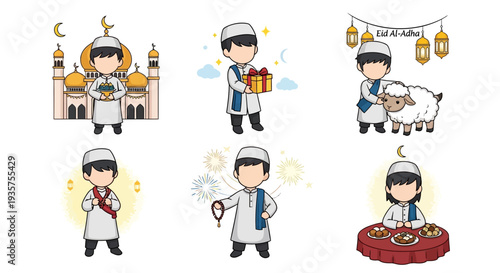 Set of Muslim Characters Celebrating Eid Al-Adha with Sacrifice Sheep, Mosque, and Islamic Gifts