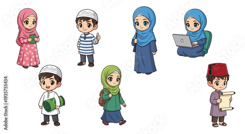 Set of Cute Muslim Characters in Hijab and Traditional Outfits for Education and Daily Activity