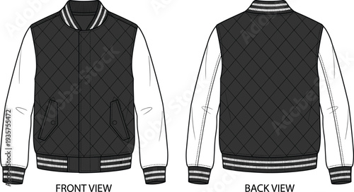 Quilted bomber jacket technical illustration vector garment construction fashion design graphics, apparel pattern concept, black and white creative art collection