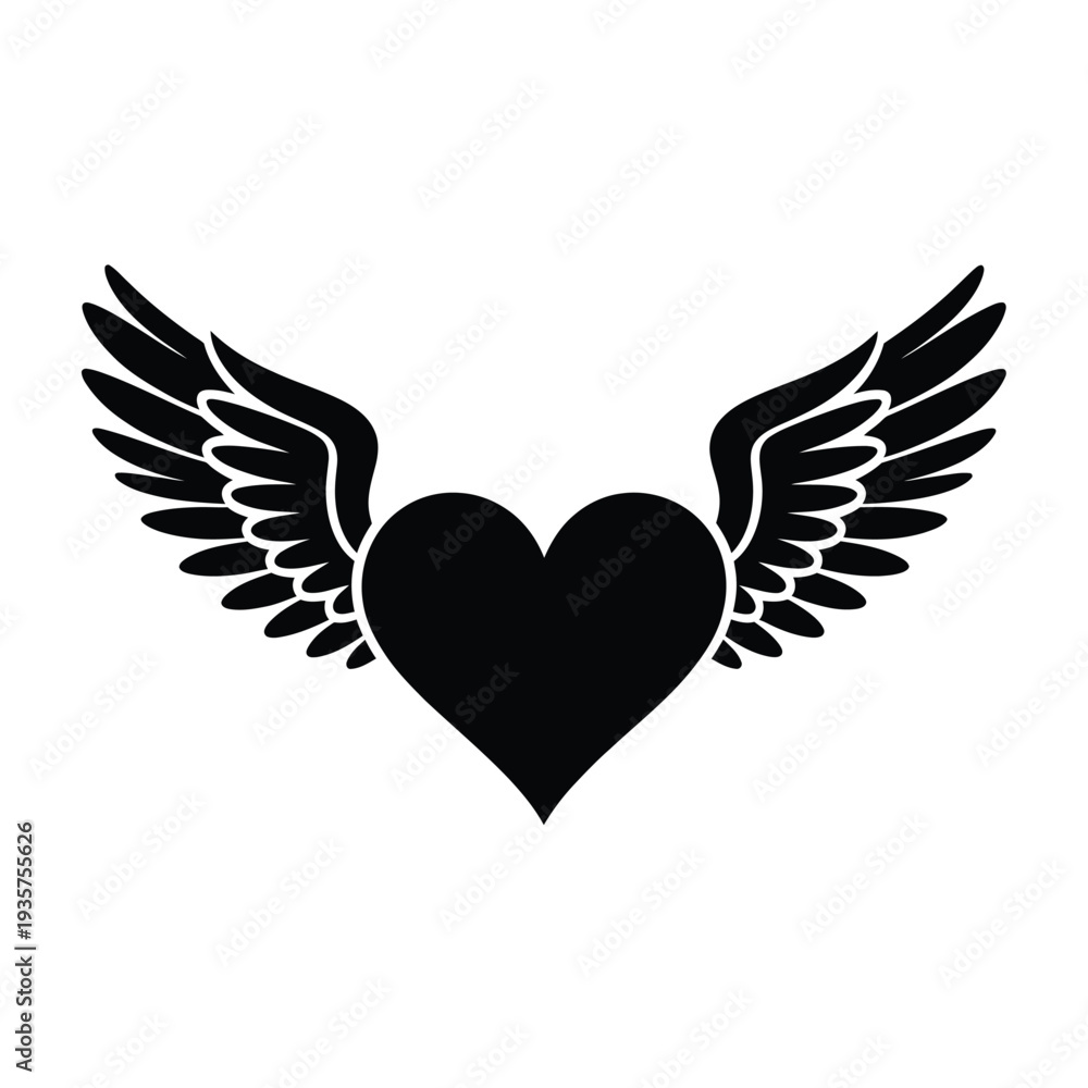 Fototapeta premium A black heart shape adorned with outstretched feathered wings