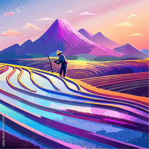 Farmer tending rice paddies with a majestic mountain in the background at sunset
